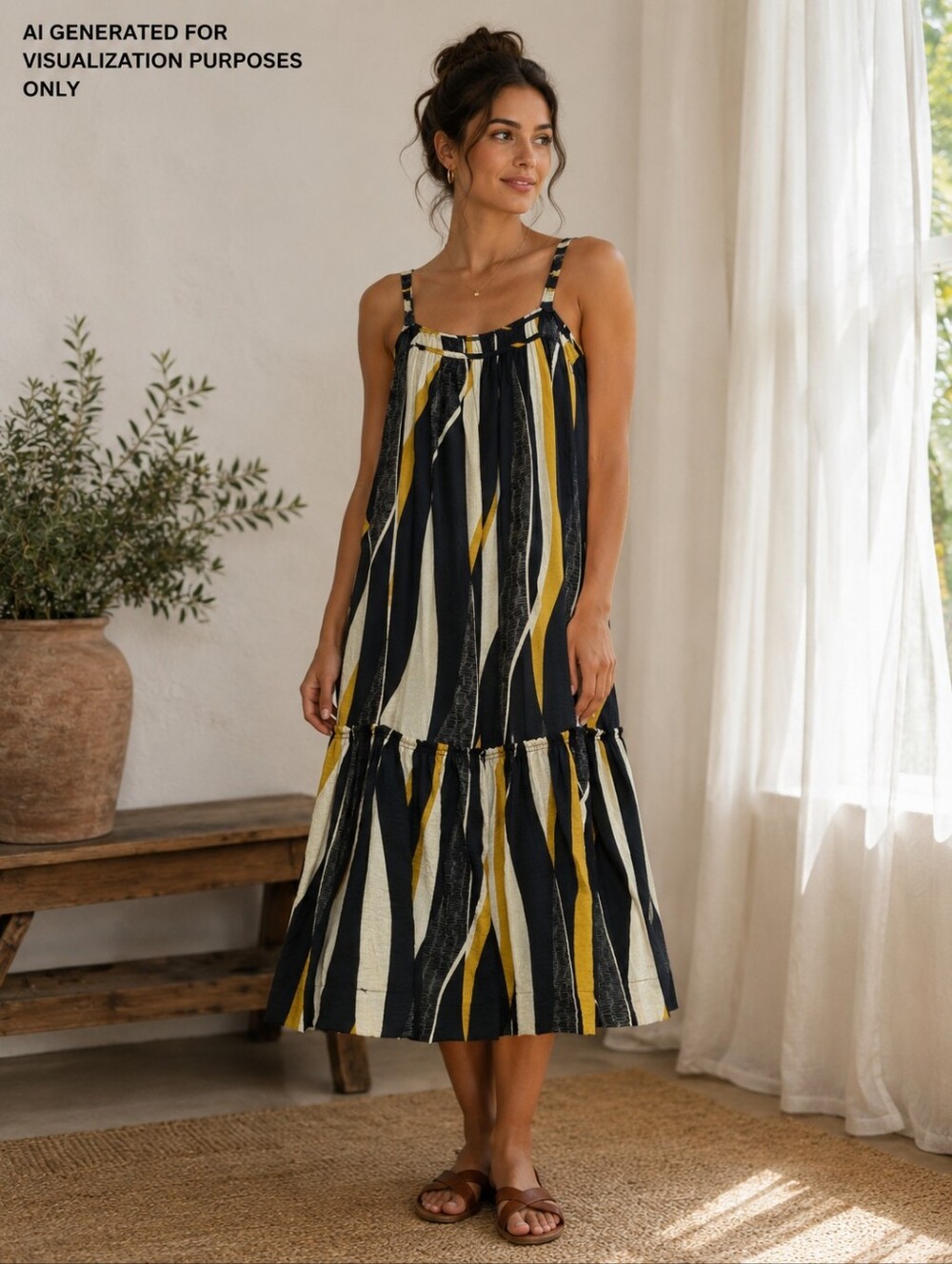 Anthropologie Abstract Stripe Square Neck Tiered And Lined Midi Dress Medium